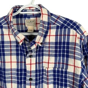 L.L. Bean Scotch Plaid Flannel Shirt Mens L Blue White Traditional Fit 228061